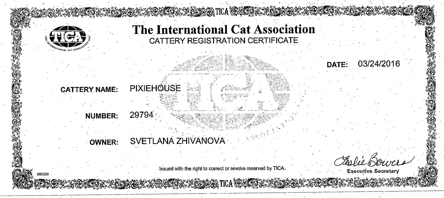 Питомник Pixie House документация TICA